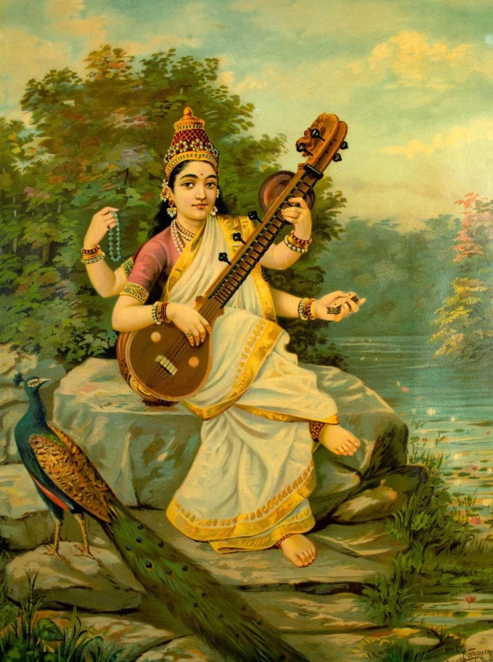 Painting of Saraswati seated with a veena and a manuscript